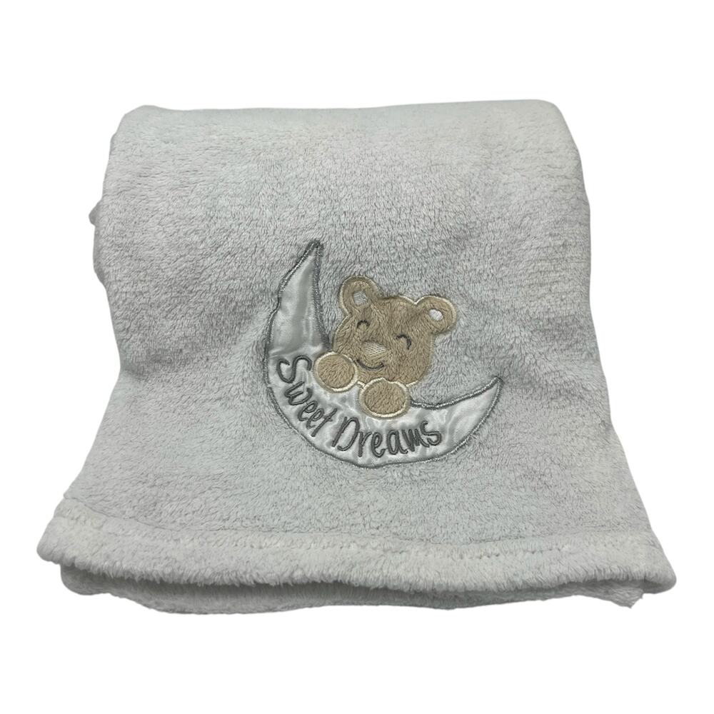 Baby Starters Sweet Dreams Teddy Bear Crescent Moon Blanket White Silver Fleece
